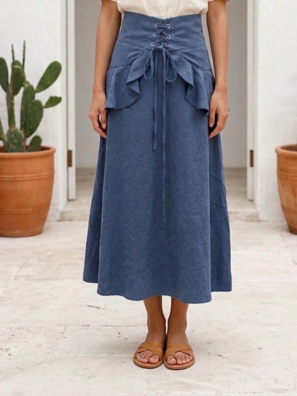 2175 - SHEIN Blue Suede-Look Lace-Up Corset Waist Ruffle Pocket Maxi Skirt - Siz